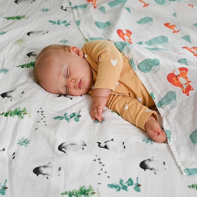 POMISO Muslin Swaddle Blankets for Boys & Girls, Newborn Receiving Blankets, Soft Breathable Baby Swaddles, Large 47x47 Inches, Fox & Penguin