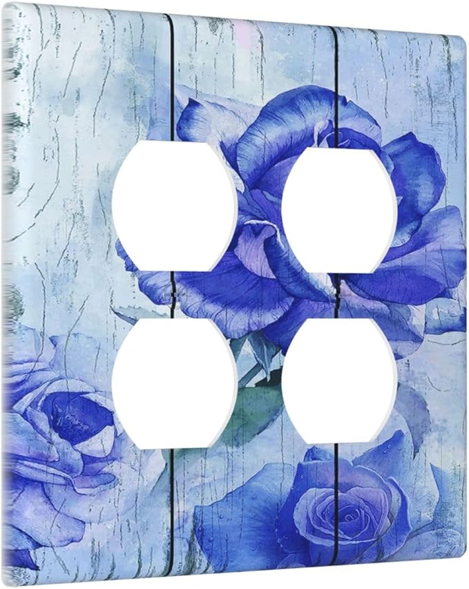 Blue Rose Flower Rustic Wood Plank Floral Outlet Covers 2 Gang Double Duplex Decorative Light Switch Covers Electrical Wallplates Socket Faceplate for Farmhouse Home Decor