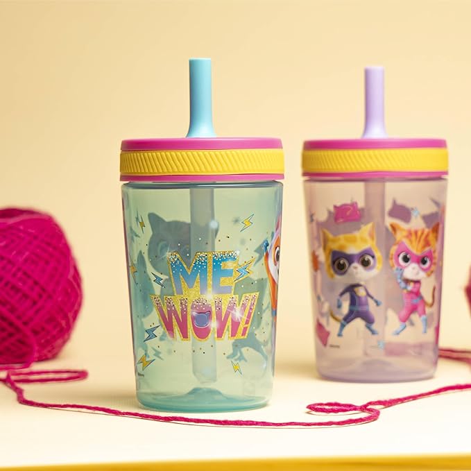 Zak Designs Disney SuperKitties Kelso Toddler Tumblers For Travel or At Home, 15oz 2-Pack Durable Plastic Sippy Cups With Leak-Proof Design is Perfect For Kids (Ginny, Sparks, Buddy, Bitsy)