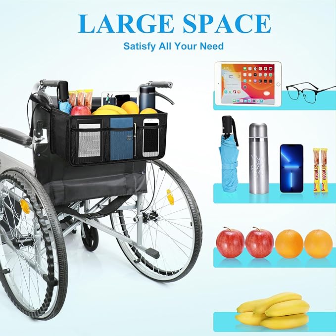 Dotday Wheelchair Basket for Back, Large Capacity Wheelchair Backpack Storage Bag with Cup Holder