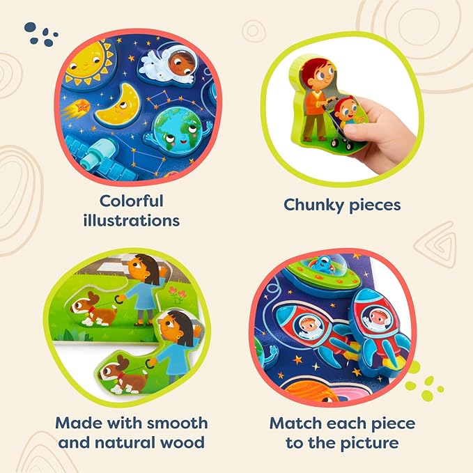 B. toys – Peek & Explore 2 – Pack – Outer Space & School Bus – Chunky Puzzle Pack – Puzzles for Toddlers, Kids – 8 Pieces Each – 2+ Years