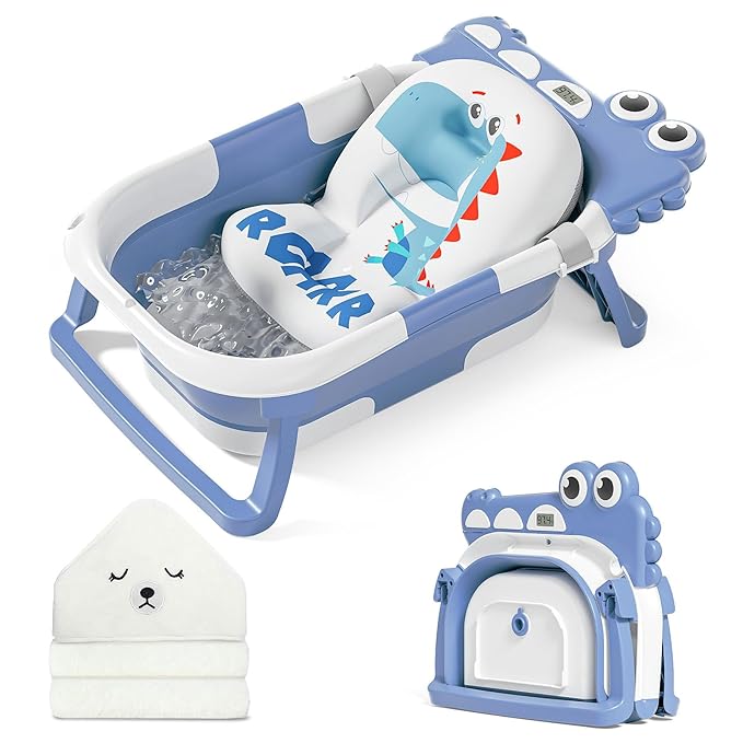 MoreFeel Collapsible Baby Bathtub for Newborn with Thermometer & 1 Hooded Towel & 1 Soft Floating Cushion,Portable Travel Bathtub with Drain Hole, Durable Foldable Baby Tubs for Infants to Toddler