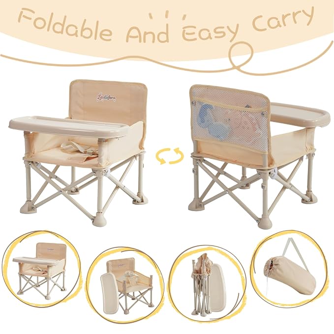Portable Baby Chair,Portable 3-in-1 Baby Booster Seat with Tray,Folding Toddler High Chair for Travel,Camping, Home & Dining, Easy to Clean & Store, Safe with Child Safety Belt Carry Bag(White)