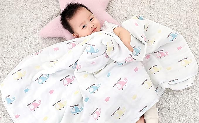 TONWHAR Muslin Baby Blankets,6-Layer Cotton Gauze, Soft and Breathable Baby Quilt,Kids Summer Blanket,Baby Bath Towel (Helicopter)