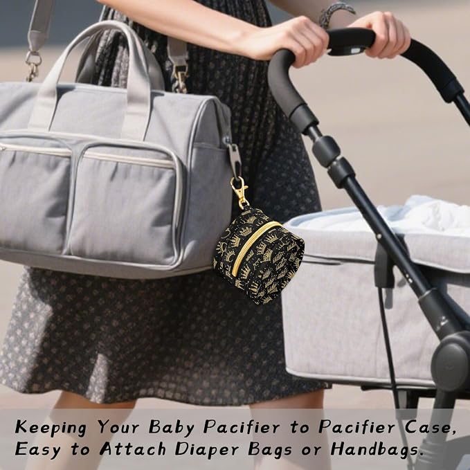 Crowns Black Print Pacifier Holder Case for Diaper Bag Portable Travel Pacifier Storage Case with Clip Newborn Baby Pouch for Baby Boys Girls Outdoor Purse
