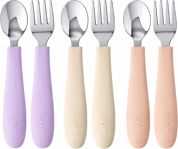 ASOMIC Toddler Utensils, 6-Piece Kids Silverware Set with Silicone Handles, 3 Forks & 3 Spoons, Premium 316 Stainless Steel, Dishwasher Safe (Pink/Lavender/Ivory)