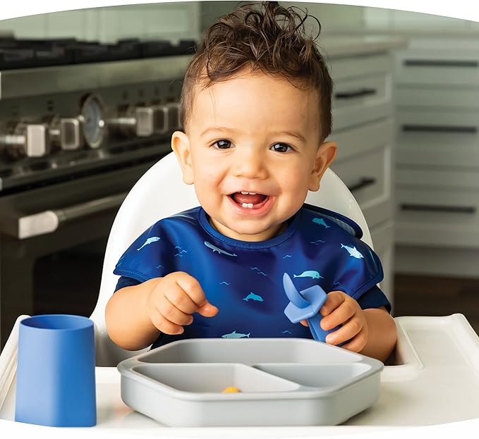 Tiny Twinkle Silicone Suction Baby Plate, Suction Grip Divided Dish for First Foods and Self-Feeding Toddlers, Baby Led Weaning Supplies for Independent Eating (Grey Plate)