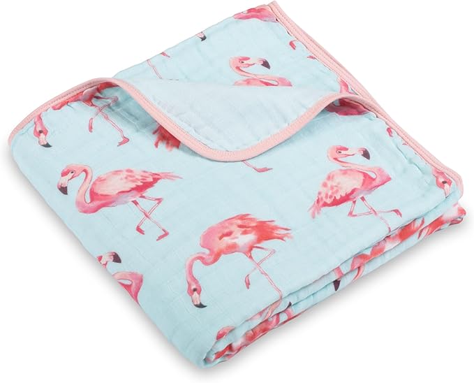 LollyBanks Muslin Baby Blanket, 100% Cotton Muslin Quilt for Girls, 47 x 47 Inches Toddler Blankets, Cozy 6-Layer Newborn Blanket, Soft and Breathable Baby Quilt, Newborn Essentials (Flamingo Print)