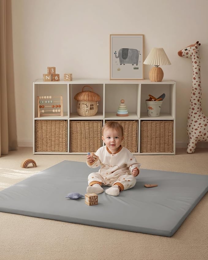 Blissful Diary Vegan Leather Baby Play Mat, 47x47 Thicken Foam Cushioned & Waterproof Playpen Mat for Infants and Toddlers, Stylish and Just Wipe-Clean Playmat for Baby Play on Floor, Light Gray