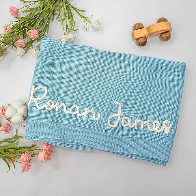 Luxury Personalized Name Baby Blanket, Hand-Embroidered Name Baby Blanket, Soft Breathable Cotton Knit Kids Blankets, Newborn Kid Gift, New Mom Gifts, Newborn Kids Girl & Boy Gift 11