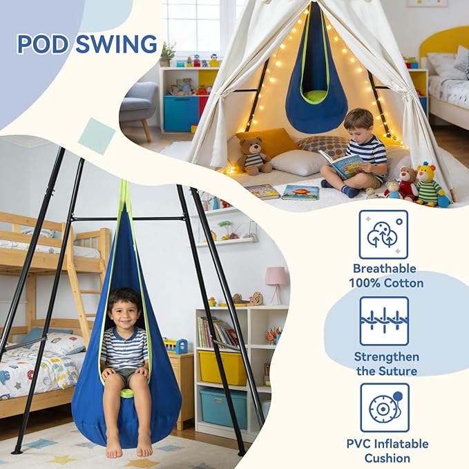 Swing Stand Frame with Sensory Pod Swings and Kids Tent,Play Tent,Heavy Duty Metal Swings Frame,Cotton Sensory Pod Swing for Kids,Large Playhouse for Toddler Indoor and Outdoor 330LBS