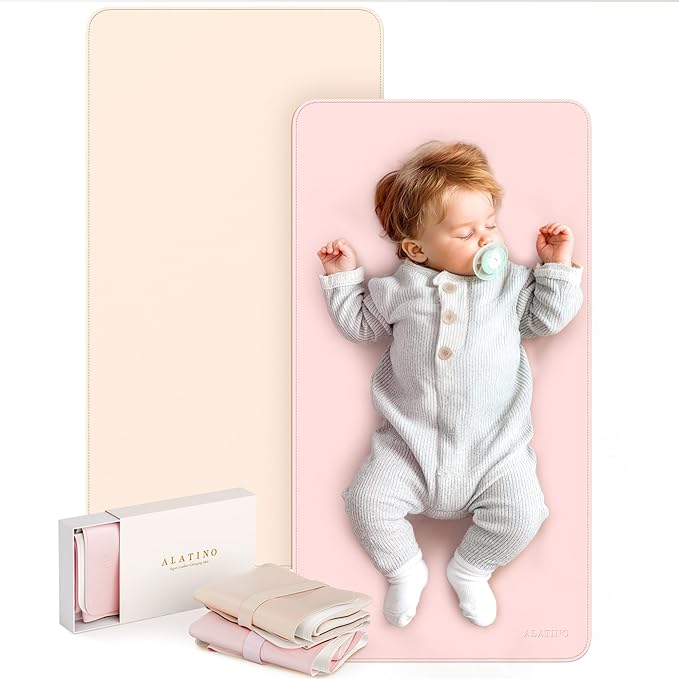 2 Pack Vegan Leather Baby Changing Mat, Large 30" x 17" Waterproof Foldable Diaper Mat, Wipe-Clean Portable Changing Pad for Travel, Home & Diaper Bag, Baby Essentials for New Moms(Beige&Light Pink)