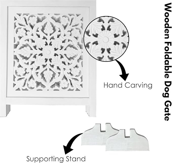 Free Standing Dog Gate for Doorway, Hallway, or Stairs – 60x24 Inch 3 Panel Folding Wooden Pet Gate, Decorative Lucy Design Dog Fence, White Antique Finish