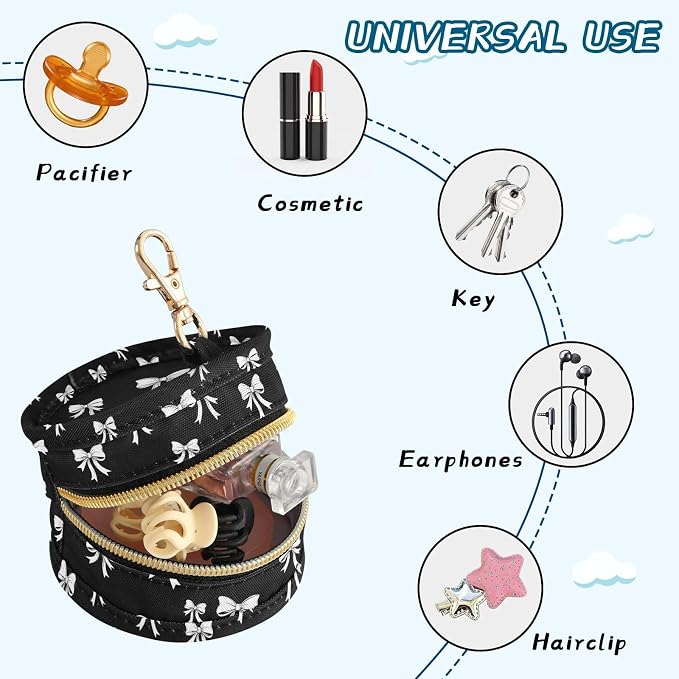 Bow Black Pattern Pacifier Holder Case with Metal Clip Portable Pacifier Cover Pouch for Newborn Baby Boys Girls