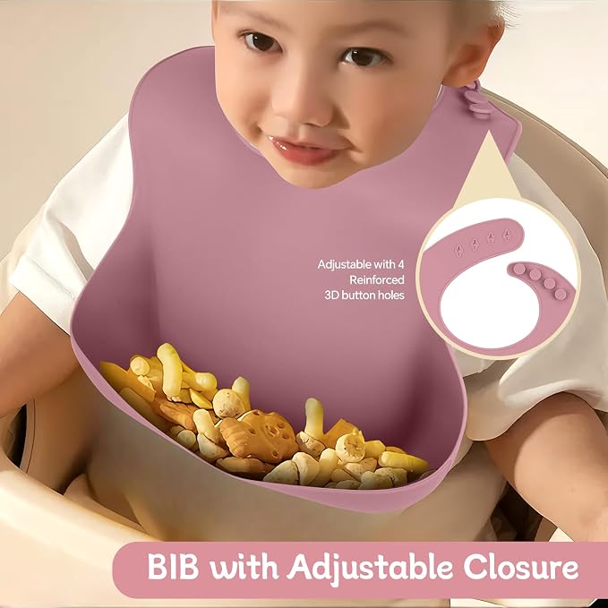 Silicone Baby Feeding Set, BPA Free Baby Feeding Essentials, Baby Suction Bowl, Plates, Bib, Sippy Cup, Spoons set, Baby Led Weaning Supplies to Develop Self-feeding Skills (Pink, With Lid)