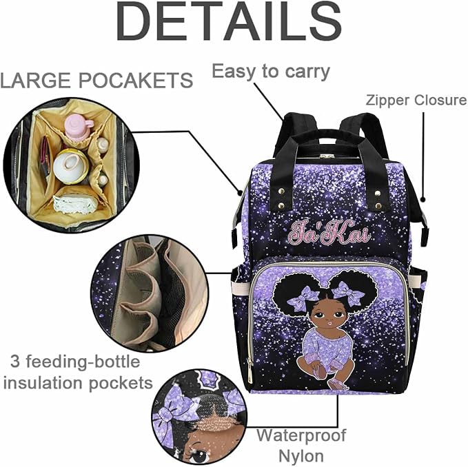 M YESCUSTOM Custom Purple Glitter Diaper Bag for Women, Personalized Name Multifunction Nylon Nursing Mommy Daypack with Large Capacity for Travel, Birthday Mother's Day Gift