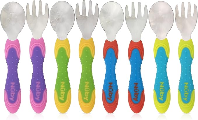 Nuby 2 Piece Stainless Steel Utensil, Blue/Green, 2 Count