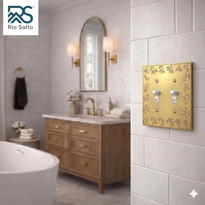 Rio Salto Double Toggle Light Switch Cover Plate Flip Switch Outlet Covers Decorative 2 Gang Electrical Socket Wall Plate Metal Protector Brushed Brass Gold Finish ??Floral Collection, Midsize 5" X 5"