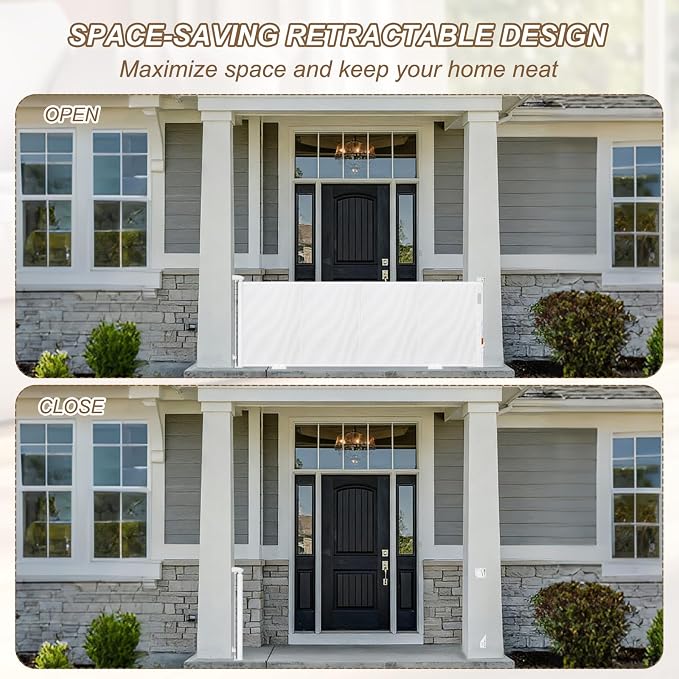 Reinforced 118" Wide Retractable Gate with Reinforced Strips, Indoor/Outdoor Retractable Dog Gate for Doorway Prevent Bottom Drilling Through, Safety Mesh Gate, White