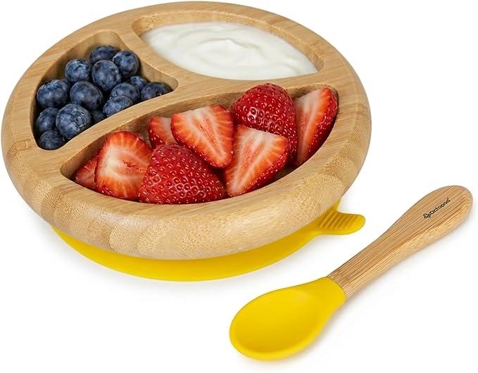 Abiie Octopod Bamboo Dish - Kids Plates for 4 months and up, 3-Compartment Baby Plates with Suction, Round Bamboo Baby Plate, Mess-Free Toddler Suction Plates, Baby Feeding Supplies, 7.5 x 7.5 x 1.9in