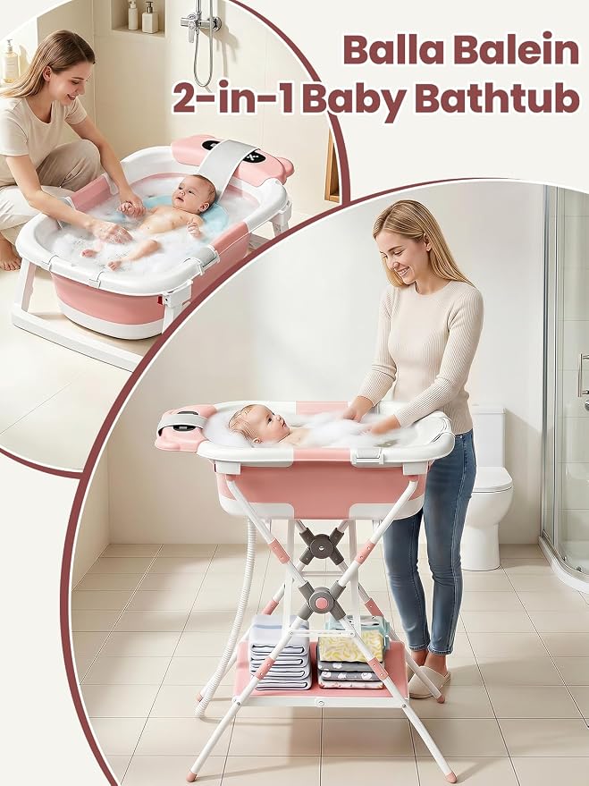 Baby Bathtub with Stand, Foldable Metal Standing Baby Bath Tub, 3-in-1 Anti-Slip Collapsible Tub with Cushion Storage Pad, Elevated Design for Newborn Toddler, Pink