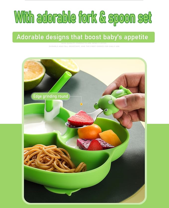 5-Piece Silicone Baby Feeding Set ??Baby Plates with Strong Suction, Toddler Plates Set, Unbreakable Food-Grade Silicone Divided Plate with Spoon, Fork, Bib & Straw Brush