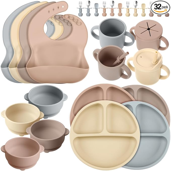 Yinder 32 Pack Silicone Baby Feeding Set Baby LED Weaning Supplies Includes Suction Divided Plates Soft Bowl Spoons Forks Adjustable Bib Snack Cup with Lid and Straws (Soft Color)