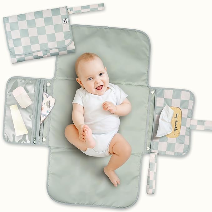Tiny Twinkle Portable Diaper Changing Pad | Waterproof, Wipeable & Compact Baby Changing Pad for Travel | Smart Wipes Pocket & Organized Storage| Newborn Shower Gift (Sage Checkers)