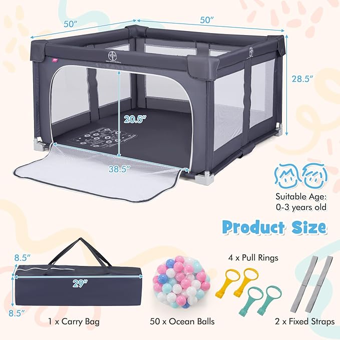 Costzon Foldable Playpen for Babies, 50''x50'' Portable Baby Play Pen with 50 PCS Ocean Balls, 4 Handles, Carry Bag, Visible Mesh, Kids Activity Center with Gates, Indoor & Outdoor Gate Play Pen