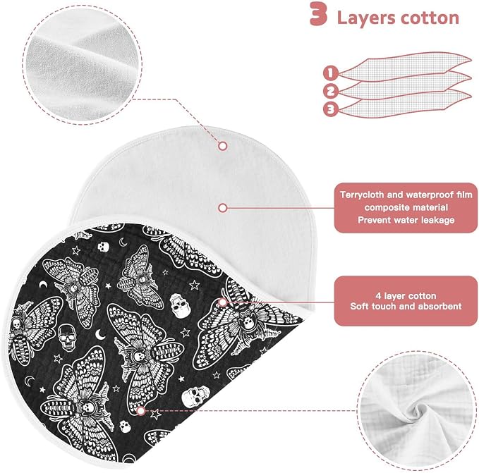 Gothic Gothic Skull Moth Muslin Burp Cloths for Baby Boys and Girls - 2-Pack Ultra Absorbent Muslin Washcloths, Newborn Towel, Milk Spit Up Rags, Burp Cloth Bibs, 22 x 11 Inch
