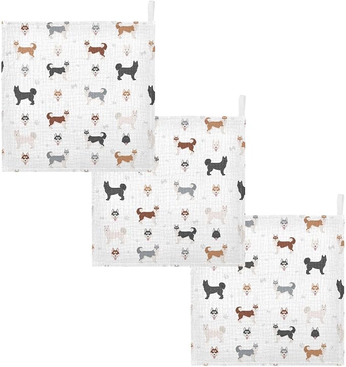 vvfelixl Baby Cotton Washcloths Siberian Husky Dog Infants Bath Towel for Unisex Puppy Face Towels for Newborn, Natural Baby Wipes Delicate Skin, 11.8 X 11.8 inch, one sizex3