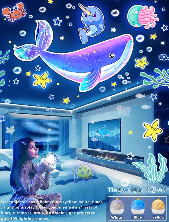21 Sets of Films, Projector Night Light for Kids Bedroom, Ceiling, Kids Night Light Projector, Remote Control & Bluetooth Speaker, Rechargeable Music Timer Star Lamp for Girls, Birthday, Christmas