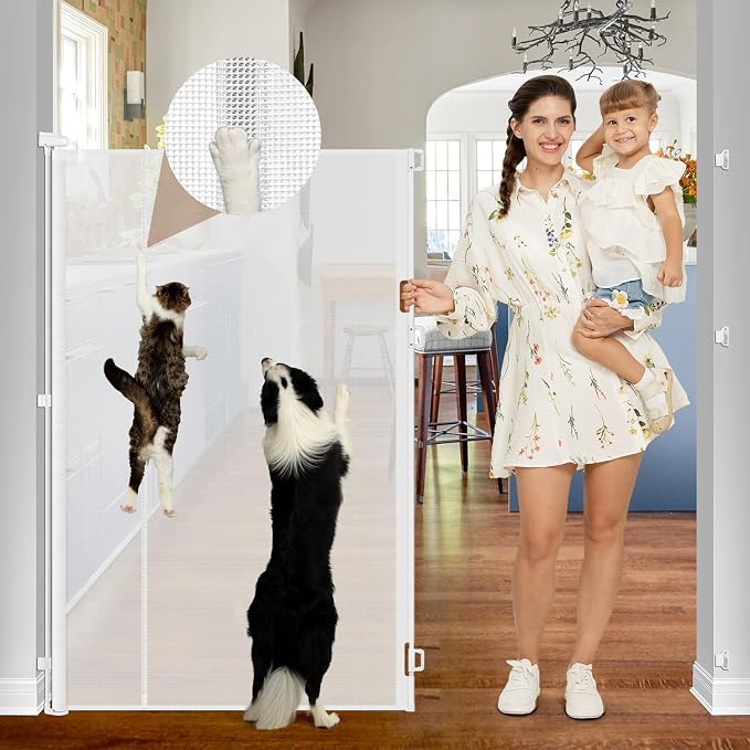 Reinforced 55" Extra Tall Cat Gate for Doorway - No Jumping Over/Crawling Under, Retractable Baby Gate for Cats Fits Openings up to 55" Wide, Retractable Dog Gate Indoor Tall Pet Gate for Stairs/White