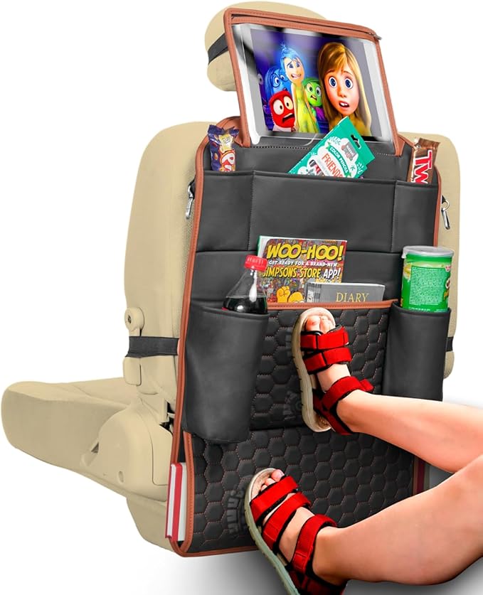Owleys Back of Seat Organizer for Kids | Car Storage Caddy ??8 Pockets + Transparent Tablet Holder | Waterproof Eco-Leather | 27.5' x 18.5' | Brown+Black