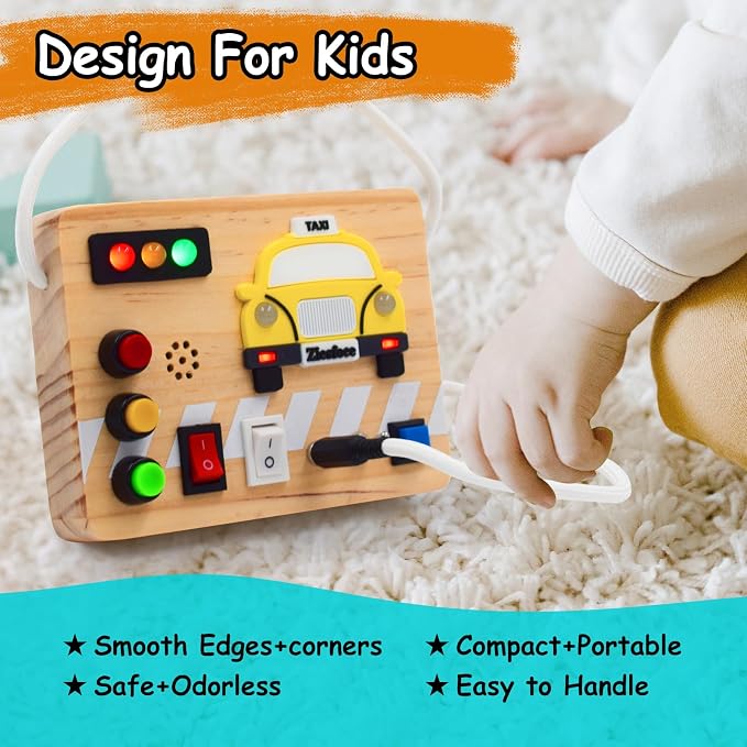 Montessori Busy Board Wooden Sensory Toys with LED Light Up Switch Travel Toys for 1+ Year Old Toddler Baby Boys Girls Gifts (Taxi Busy Board)