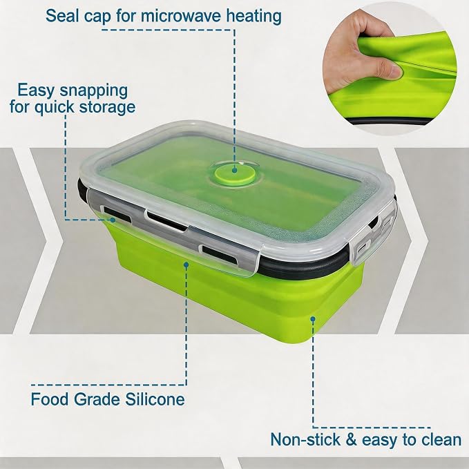 Collapsible Silicone Food Storage Containers Set, 4PCS Foldable Lunch Boxes with Lids & Air Vent, 27oz Multifunctional Travel Food Containers, Bento Boxes, Green