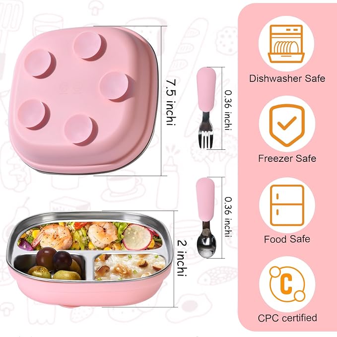 2 Pack Stainless Steel Kids Plates with Suction | 7.68" Spill-Proof High-Rim | 2 Spoons & Removable Sleeves | Microwave/Dishwasher Safe | BPA-Free, Non-Slip, Unbreakable Toddler Plates (Pink)