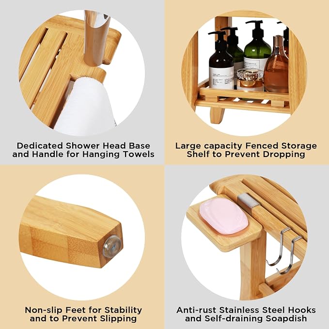 Two-Tier Bamboo Shower Chair for Inside Shower, Waterproof Baby Bath Seat with Storage Shelf, Soap Dish and Shower Head Holder, Shower Stool for Seniors Adults Disabled Pregnant(Natual)