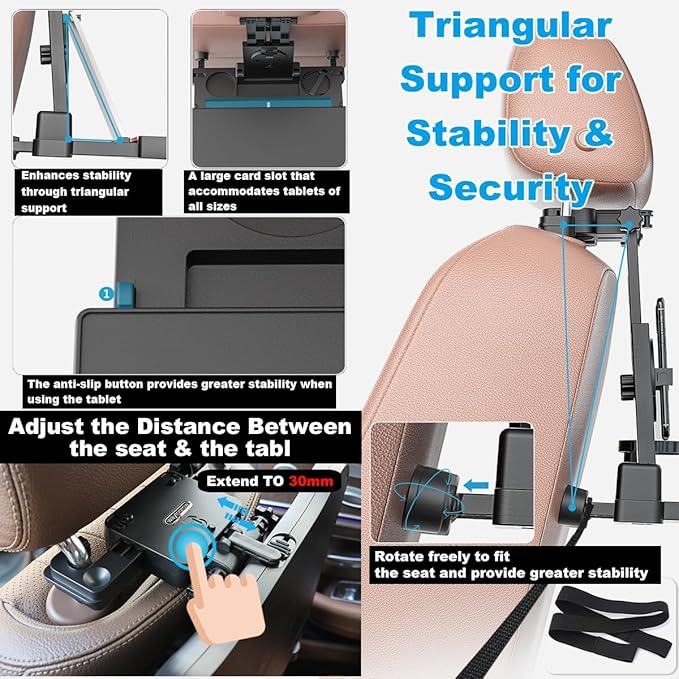 Car Back Seat Tray Table - Stable Foldable Auto Backseat Food Trays Desk for Rear Passenger Road Trip Eating & Work, Multifunctional Adjustable Travel Tray with Phone Drink Holder for Laptop iPad