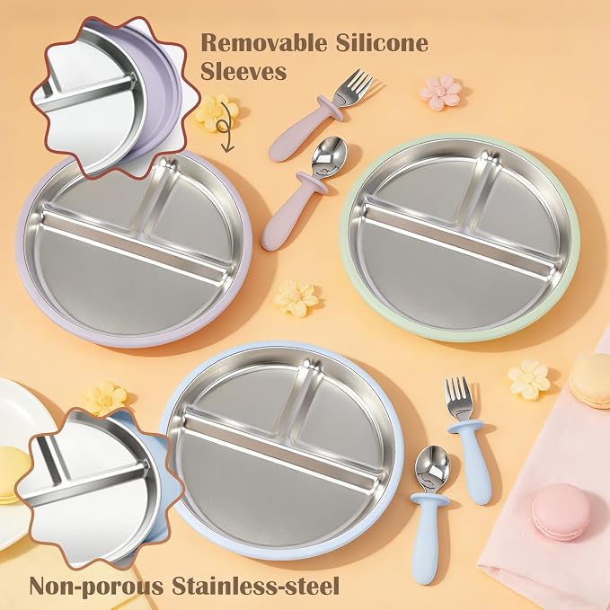 Personalized Stainless Steel Baby Plates with Suction, Custom Name & Icon Toddler Silverware Set 4-Pc Set for Baby Led Weaning,Ideal for Showers & Birthdays,Dishwasher Safe (Gray, Pink)