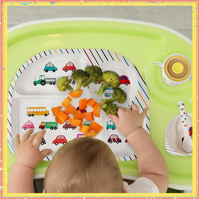 Roshtia 10 Pcs Cartoon Bamboo Kids Dinnerware Set Dinosaur Car Plate and Bowl Set Dishwasher Safe Kids Dish Set Toddler Plates and Utensils Set Car Dinosaur Forks and Spoons for Kids with Cup