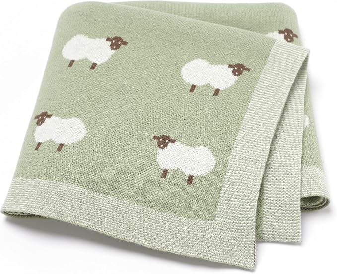 Hadetoto 100% Cotton Baby Blanket Knit Soft Cozy Swaddle Receiving Blankets Toddler Infant Blanket with Lovely Sheeps for Newborn Boy Girls - Light Green, 90 x 70cm