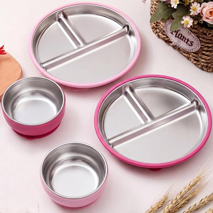 Havawish 4 Pcs Stainless Steel Baby Plate and Bowl with Suction, 8.3" Kid Divided Plate 4" Toddler Bowl with Removable Silicone, BPA-free Non-slip Baby Feed Set Dishwasher Safe for Boy Girl (Violet)