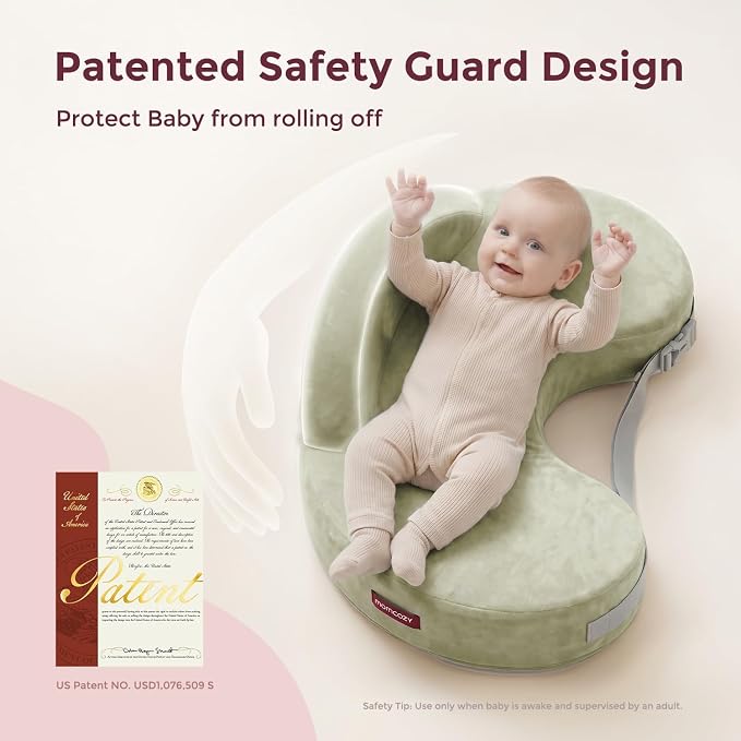 Momcozy Innovative Safety Guard Nursing Pillow - Firm & Springy Memory Foam - Stable, Ergonomic Support & Comfort - Wider Breastfeeding Cushion, Adjustable, Removable Cover, Green