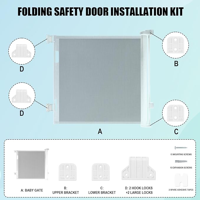 Retractable Baby Safety Gate Replacement Parts Kit, White Baby Safety Gate Hardware Extension Set with 2 Latches 2 Brackets 13 Screws 13 Expansion Tubes