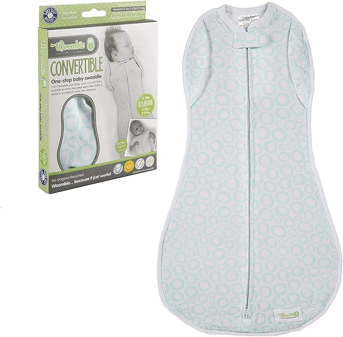 Woombie Convertible Unvented Nursery Swaddling Blankets, Mint O's, 14-19 Pounds