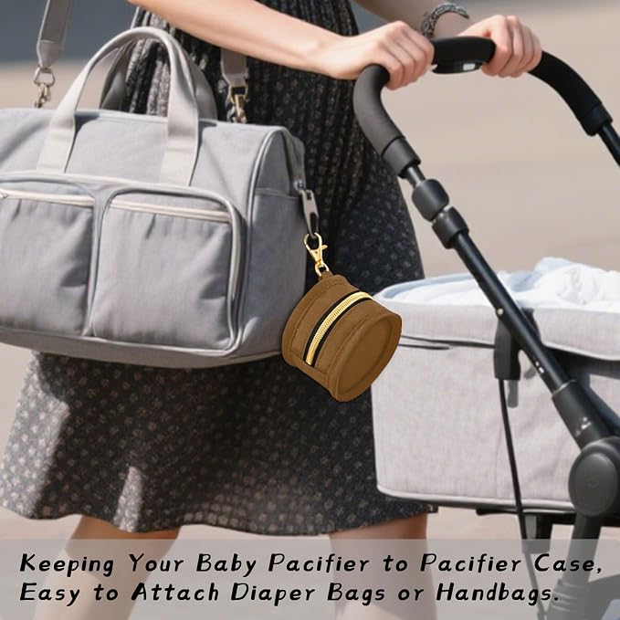 Brown Pacifier Holder Case Newborn Pacifier Storage Pouch for Boys Girls Easy Attach to Diaper Bag Portable Baby Essentials Container