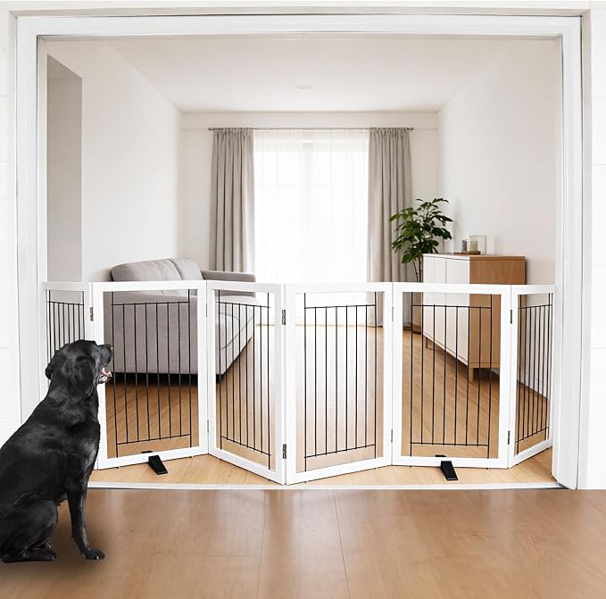 Dog Fence Indoor - 6-Panel Freestanding Dog Gate for Doorways, Hallways, House or Stairs -120x32-Inch Retractable Foldable Expandable Wood Pet by SFJC (White)
