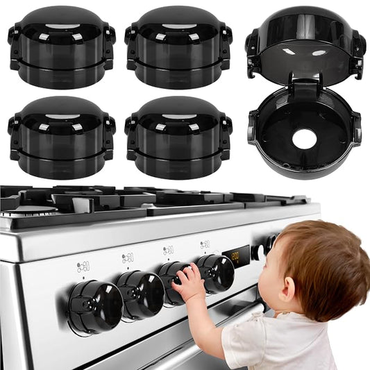 Stove Knob Safety Covers, for Knob Diameter Less Than 2.4", Dual Grip Safety Shield, Press Gas Stove Knob Locks, Creative Oven Lock Knob Covers for Child Safety, Black Color, Pack of 5