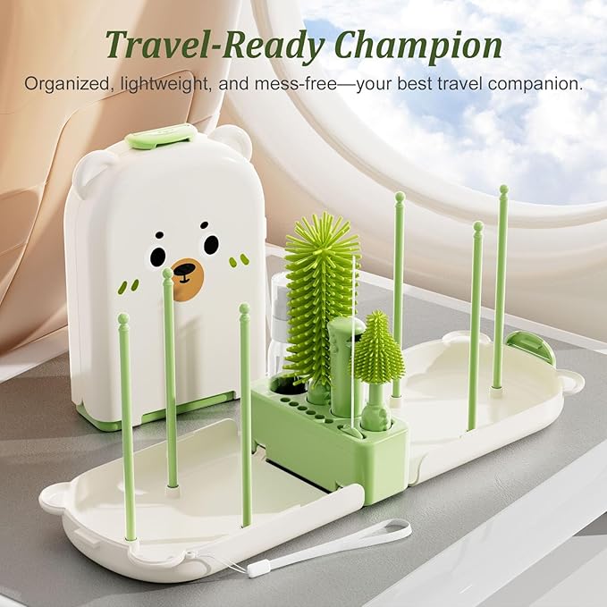 Travel Baby Bottle Cleaner Kit with Storage Case ??6-in-1 Compact Bottle Brush Set for Infant Feeding, Breast Pump Parts & On-The-Go Washing ??Baby Travel Essentials for Flying (Green)